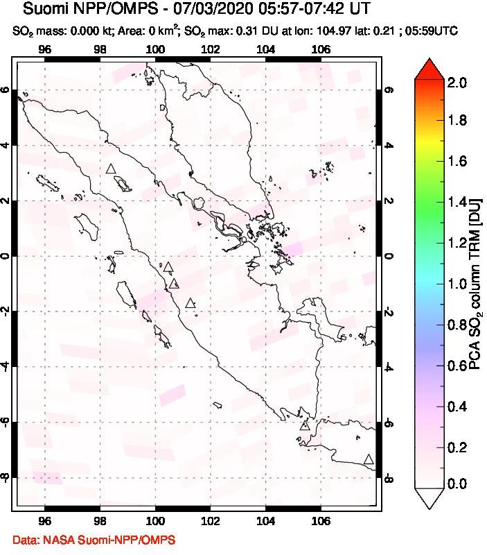 A sulfur dioxide image over Sumatra, Indonesia on Jul 03, 2020.