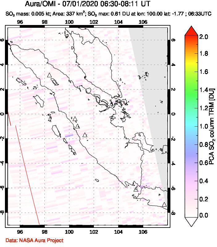A sulfur dioxide image over Sumatra, Indonesia on Jul 01, 2020.