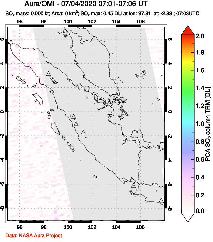 A sulfur dioxide image over Sumatra, Indonesia on Jul 04, 2020.