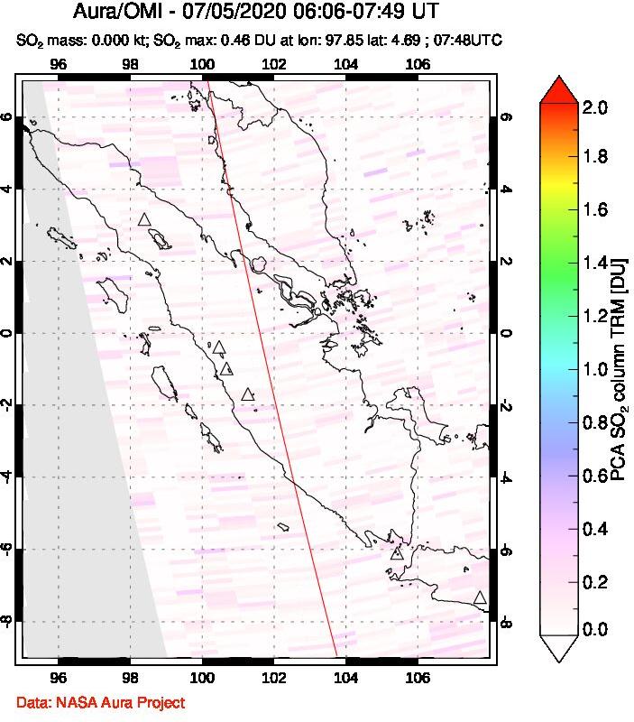 A sulfur dioxide image over Sumatra, Indonesia on Jul 05, 2020.