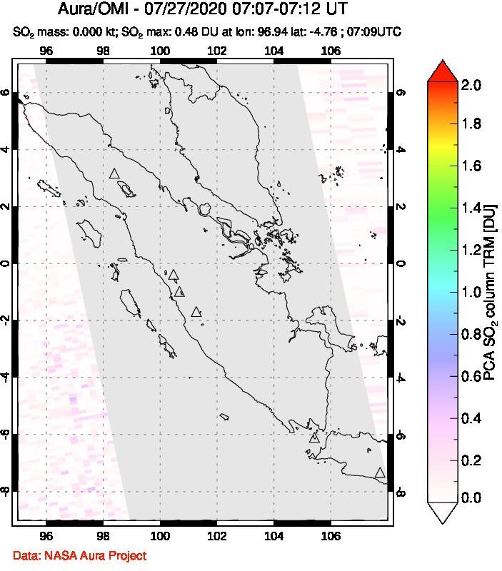 A sulfur dioxide image over Sumatra, Indonesia on Jul 27, 2020.