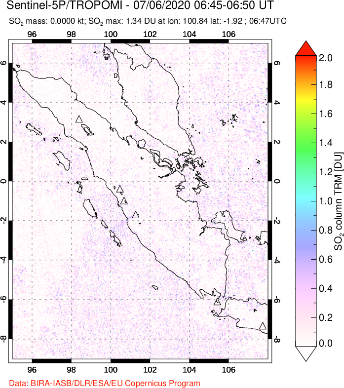 A sulfur dioxide image over Sumatra, Indonesia on Jul 06, 2020.