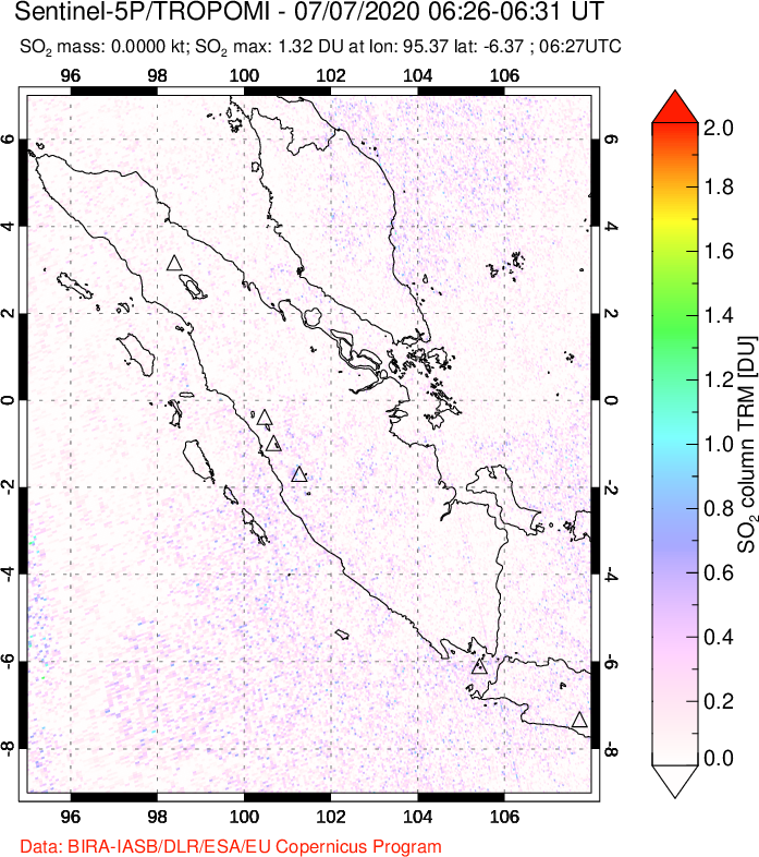 A sulfur dioxide image over Sumatra, Indonesia on Jul 07, 2020.