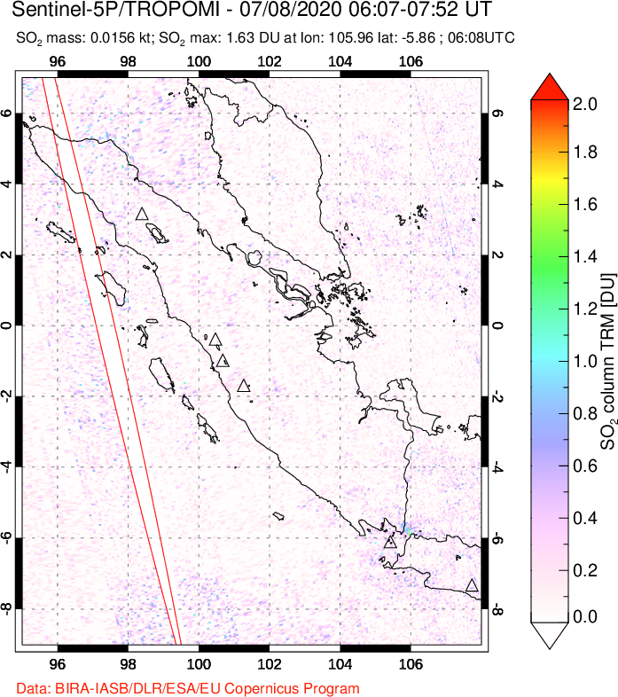 A sulfur dioxide image over Sumatra, Indonesia on Jul 08, 2020.