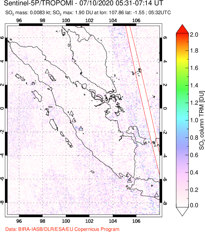 A sulfur dioxide image over Sumatra, Indonesia on Jul 10, 2020.