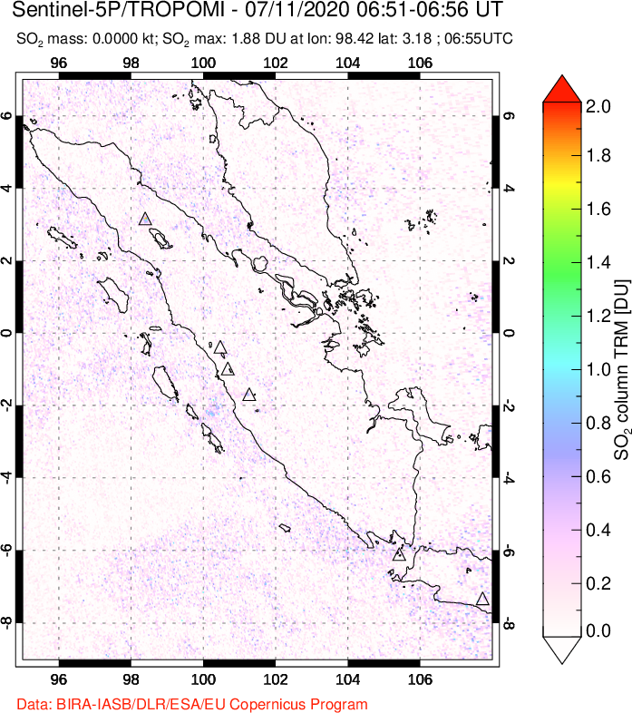 A sulfur dioxide image over Sumatra, Indonesia on Jul 11, 2020.