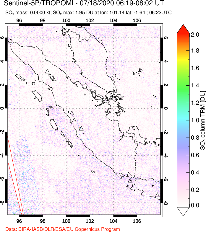 A sulfur dioxide image over Sumatra, Indonesia on Jul 18, 2020.