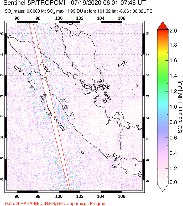A sulfur dioxide image over Sumatra, Indonesia on Jul 19, 2020.