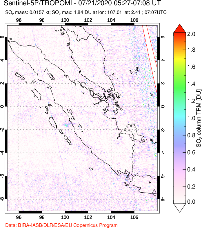 A sulfur dioxide image over Sumatra, Indonesia on Jul 21, 2020.