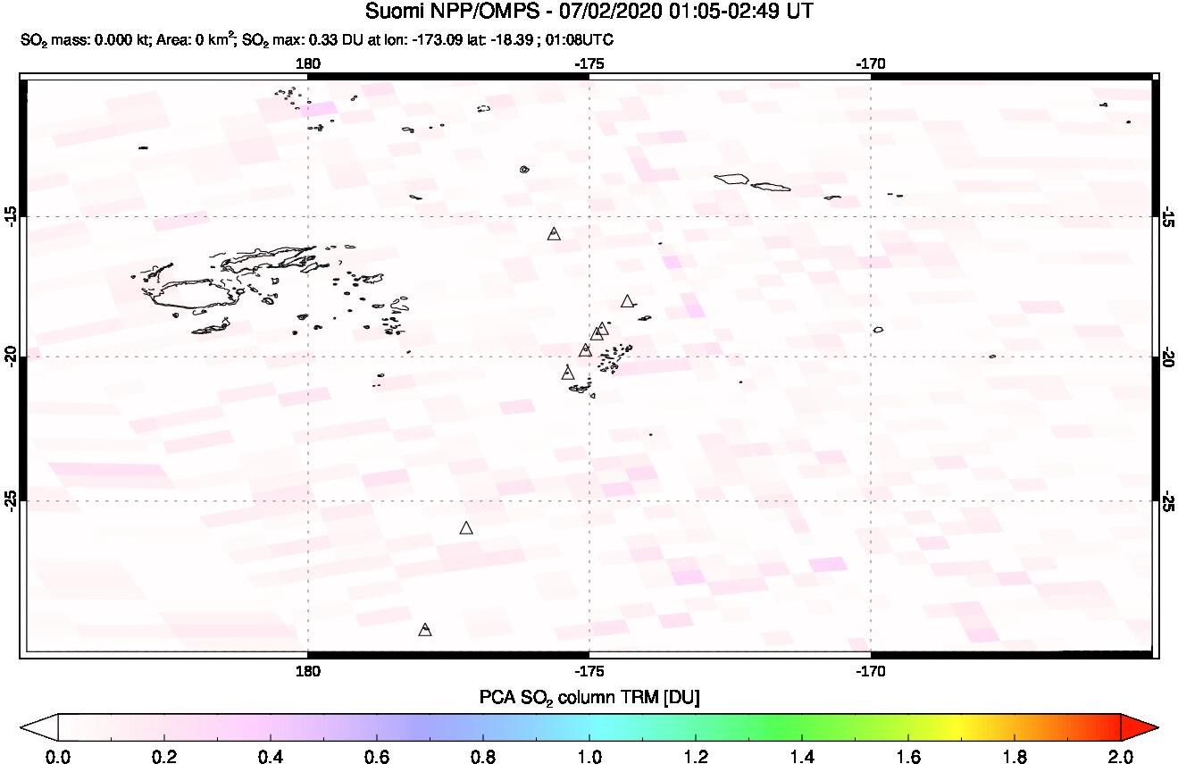 A sulfur dioxide image over Tonga, South Pacific on Jul 02, 2020.