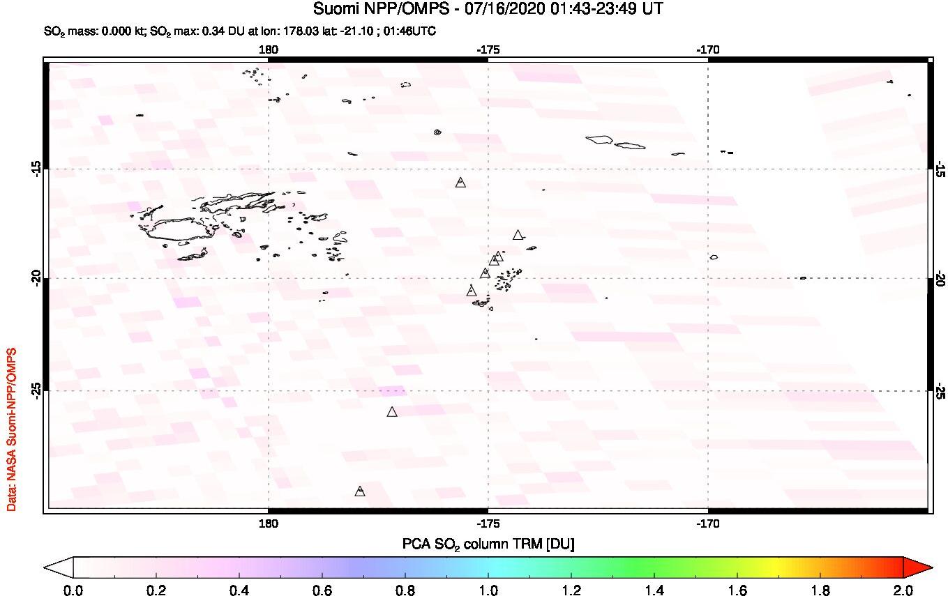 A sulfur dioxide image over Tonga, South Pacific on Jul 16, 2020.