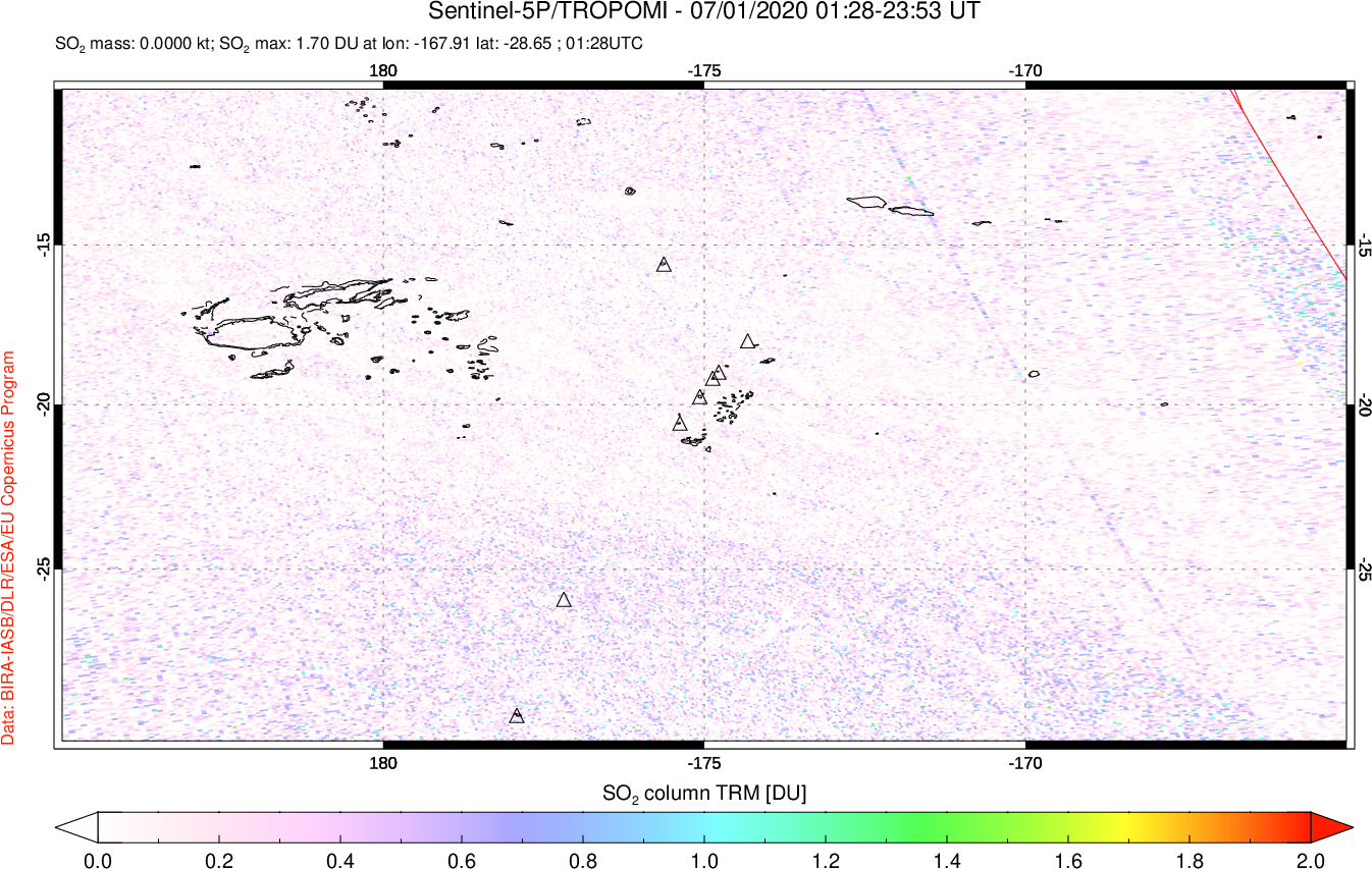 A sulfur dioxide image over Tonga, South Pacific on Jul 01, 2020.