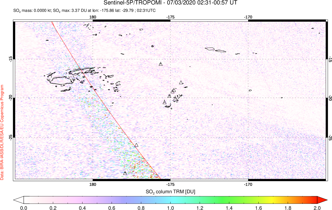 A sulfur dioxide image over Tonga, South Pacific on Jul 03, 2020.