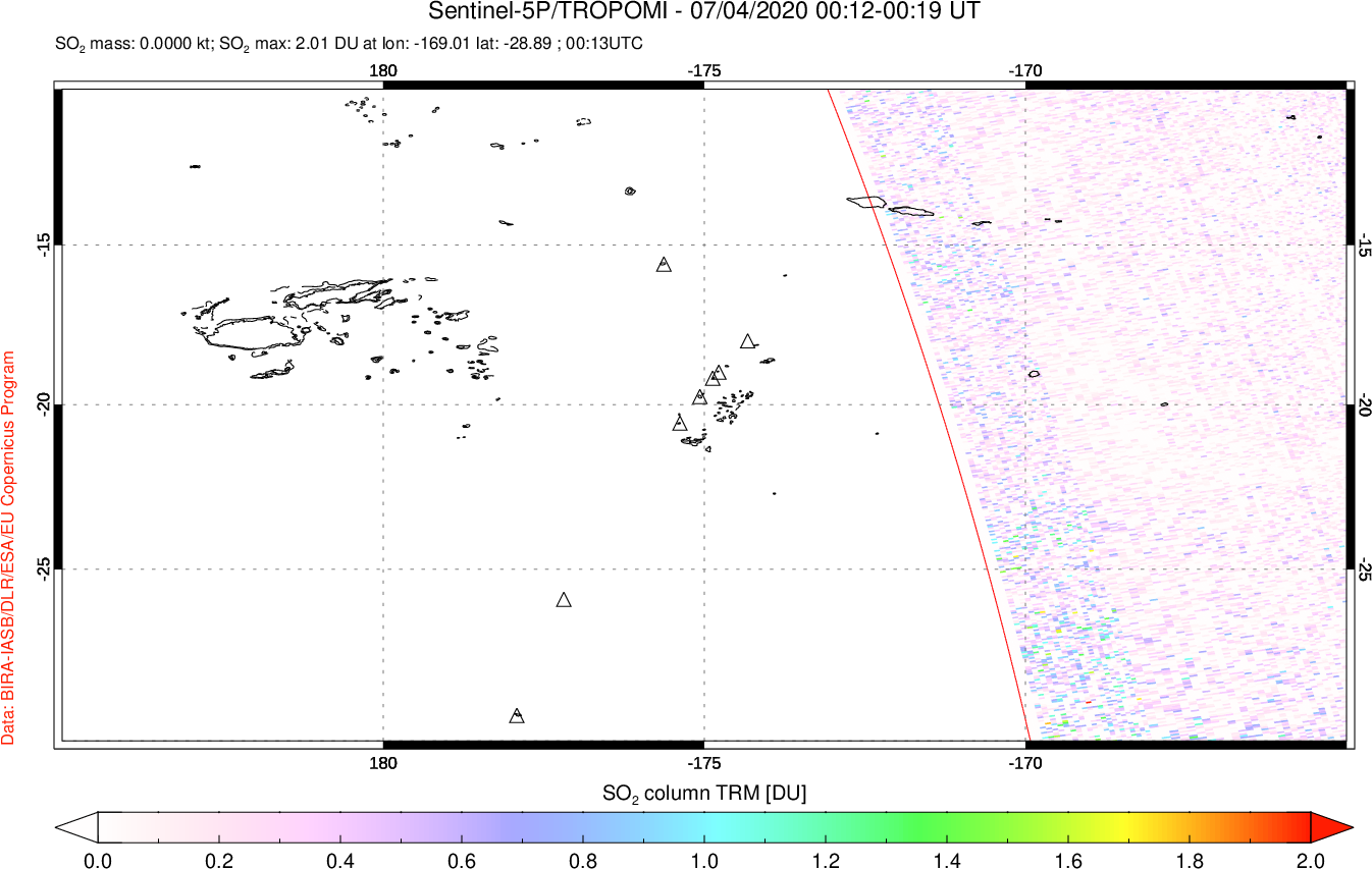 A sulfur dioxide image over Tonga, South Pacific on Jul 04, 2020.