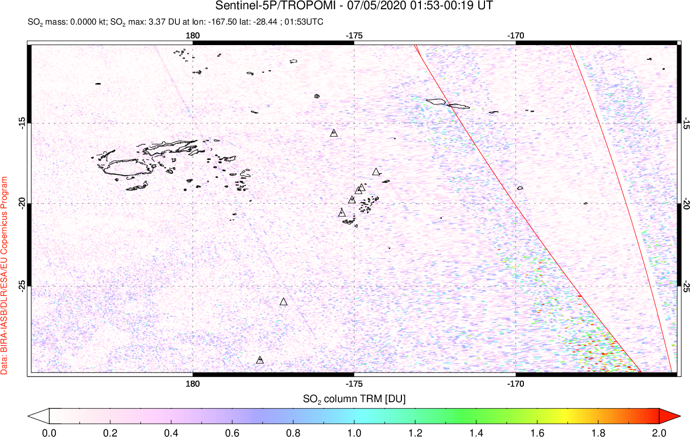 A sulfur dioxide image over Tonga, South Pacific on Jul 05, 2020.