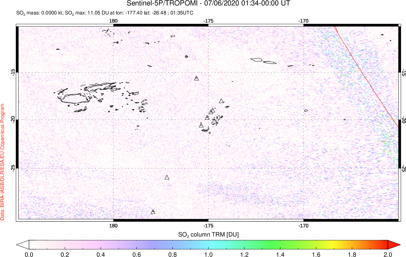 A sulfur dioxide image over Tonga, South Pacific on Jul 06, 2020.