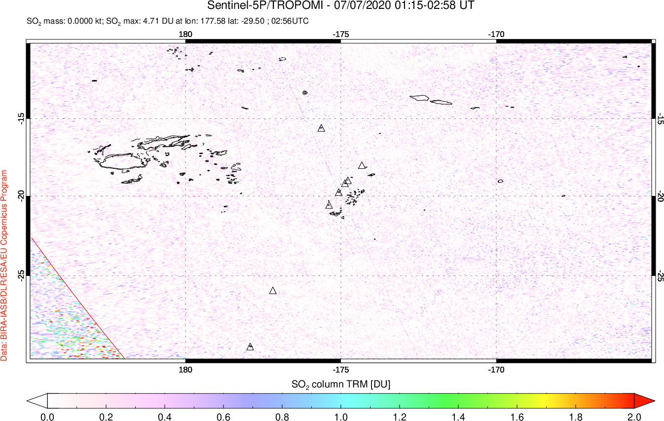 A sulfur dioxide image over Tonga, South Pacific on Jul 07, 2020.