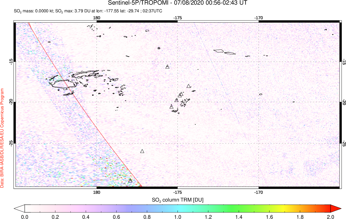 A sulfur dioxide image over Tonga, South Pacific on Jul 08, 2020.