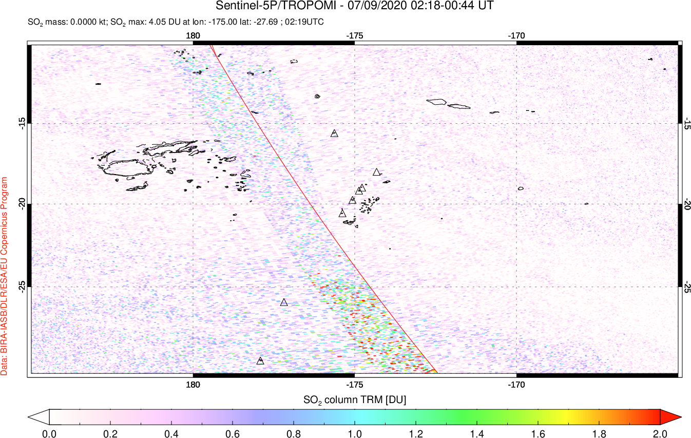 A sulfur dioxide image over Tonga, South Pacific on Jul 09, 2020.