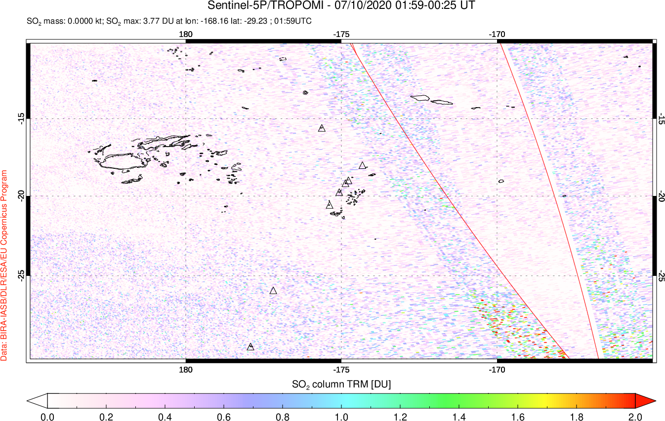 A sulfur dioxide image over Tonga, South Pacific on Jul 10, 2020.
