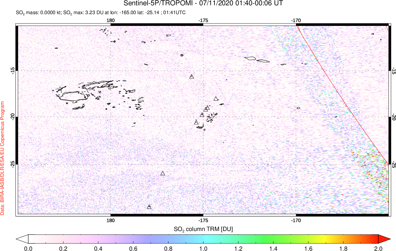 A sulfur dioxide image over Tonga, South Pacific on Jul 11, 2020.