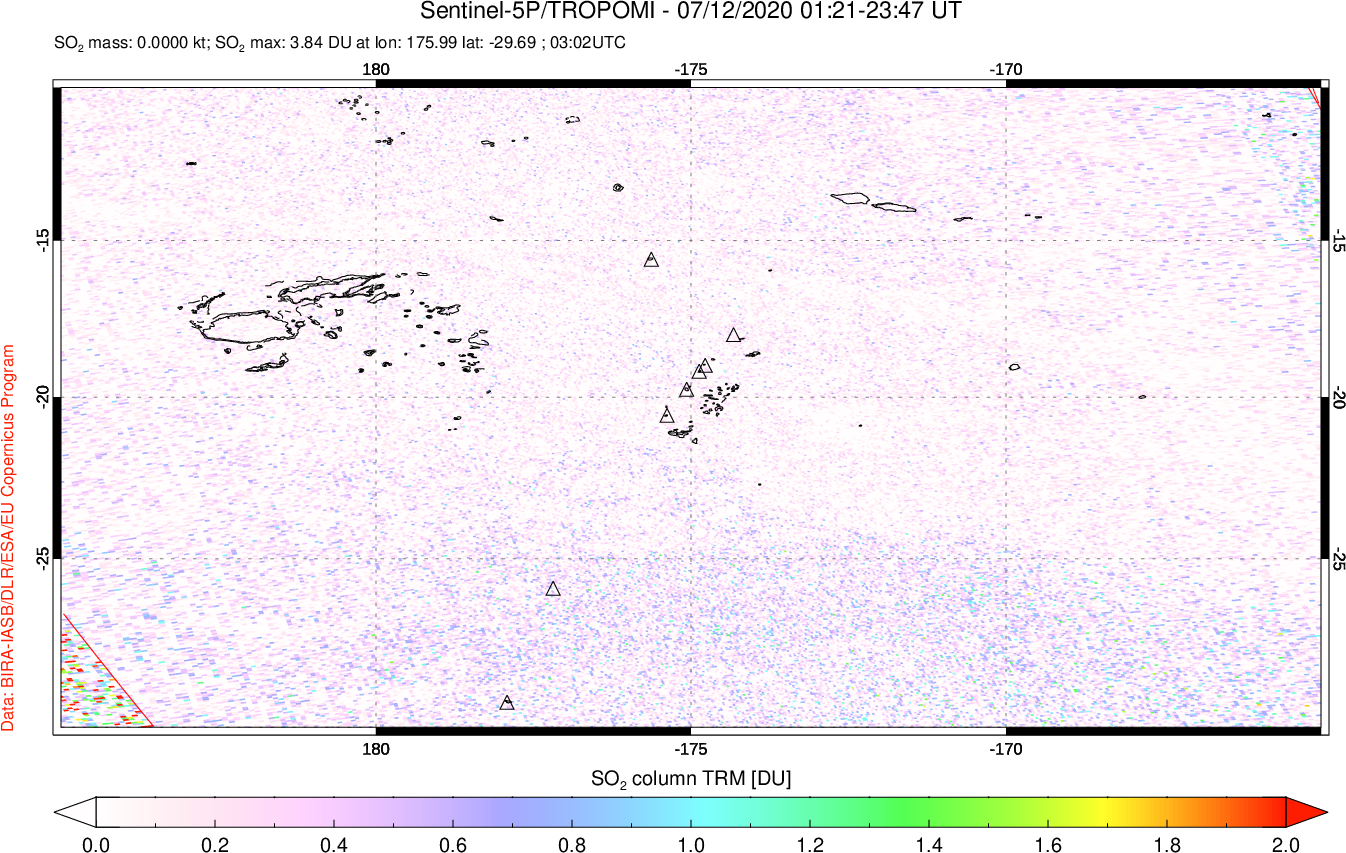 A sulfur dioxide image over Tonga, South Pacific on Jul 12, 2020.