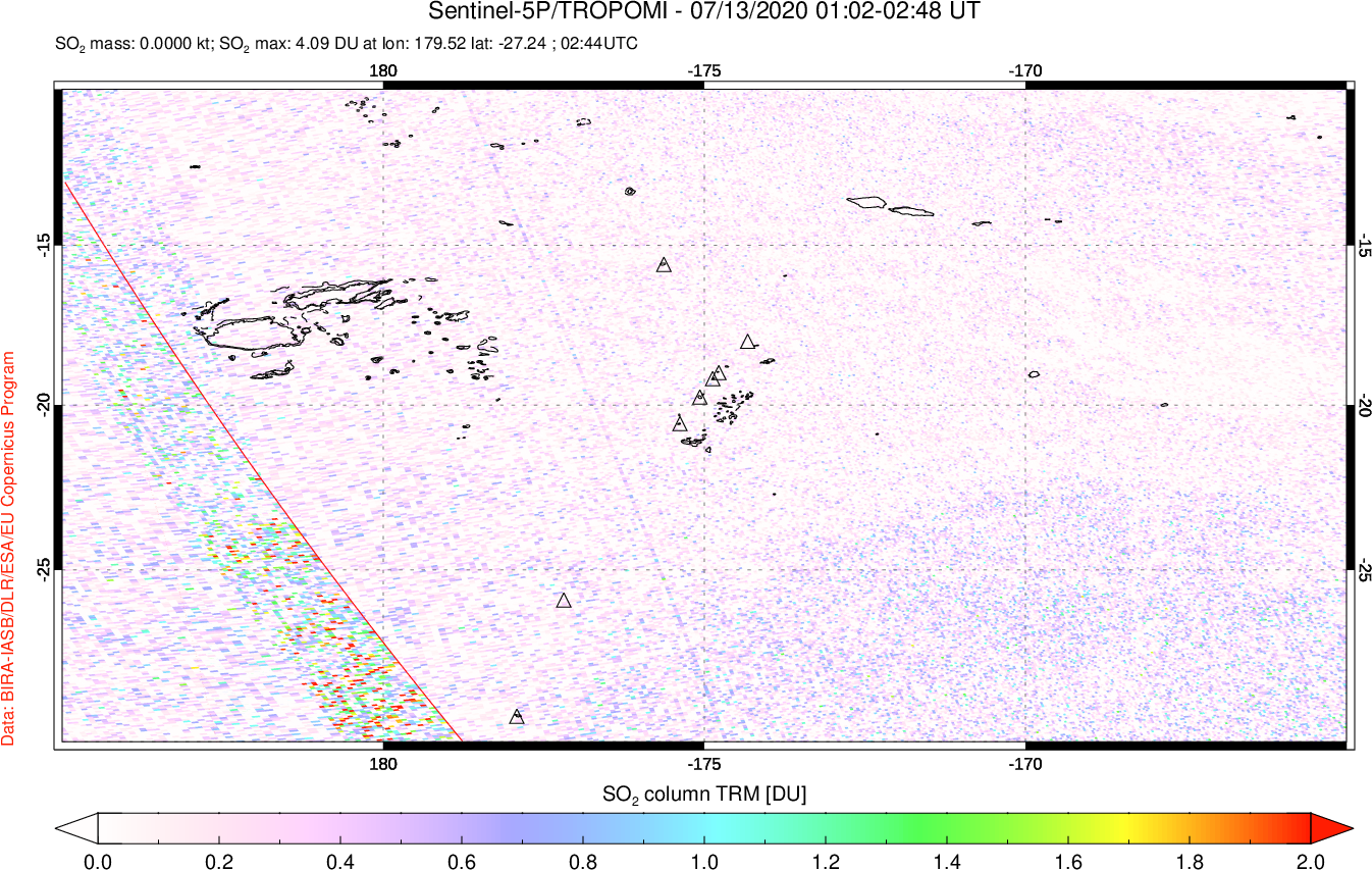 A sulfur dioxide image over Tonga, South Pacific on Jul 13, 2020.