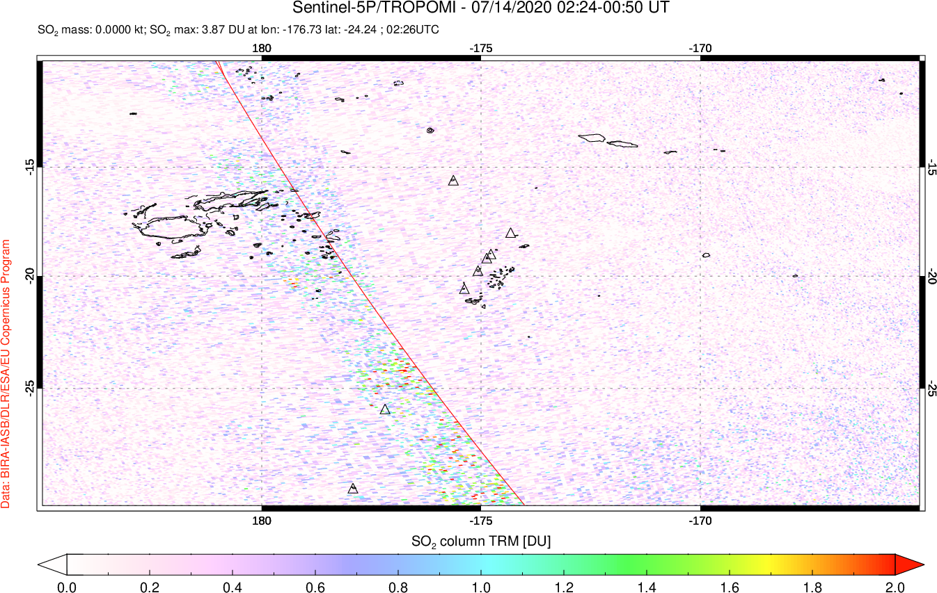 A sulfur dioxide image over Tonga, South Pacific on Jul 14, 2020.