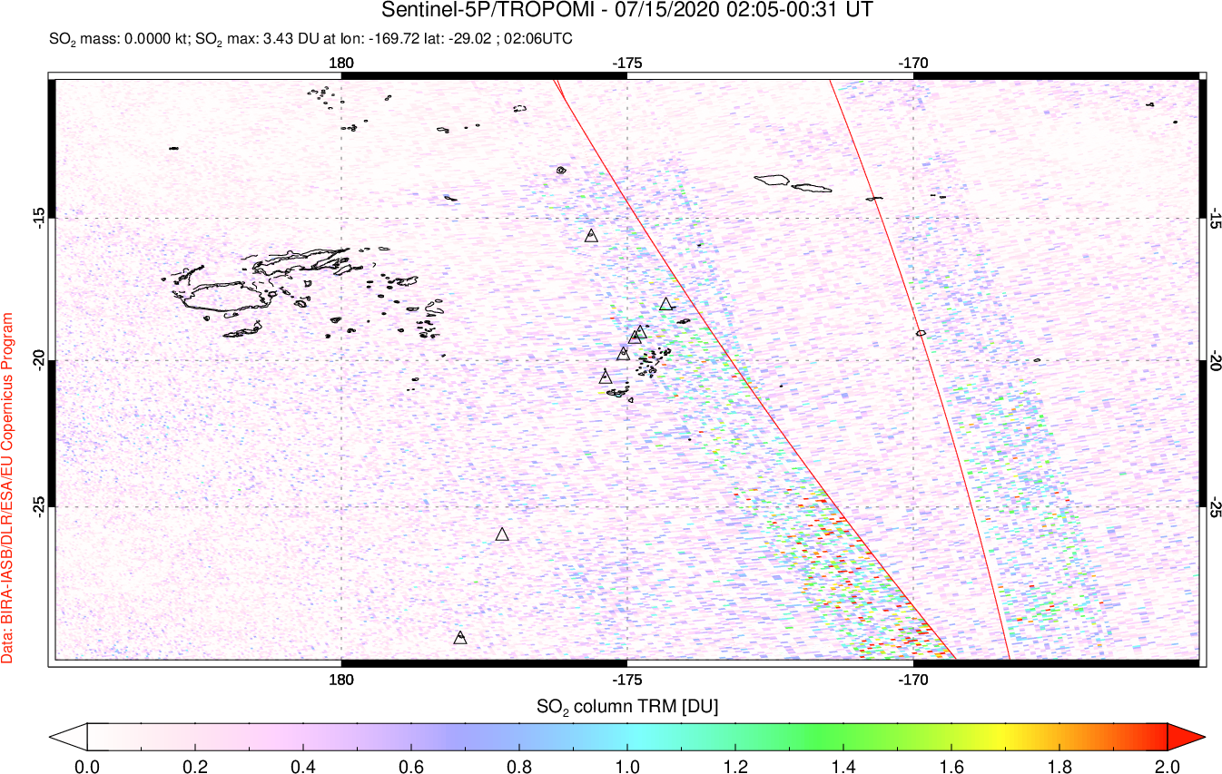 A sulfur dioxide image over Tonga, South Pacific on Jul 15, 2020.