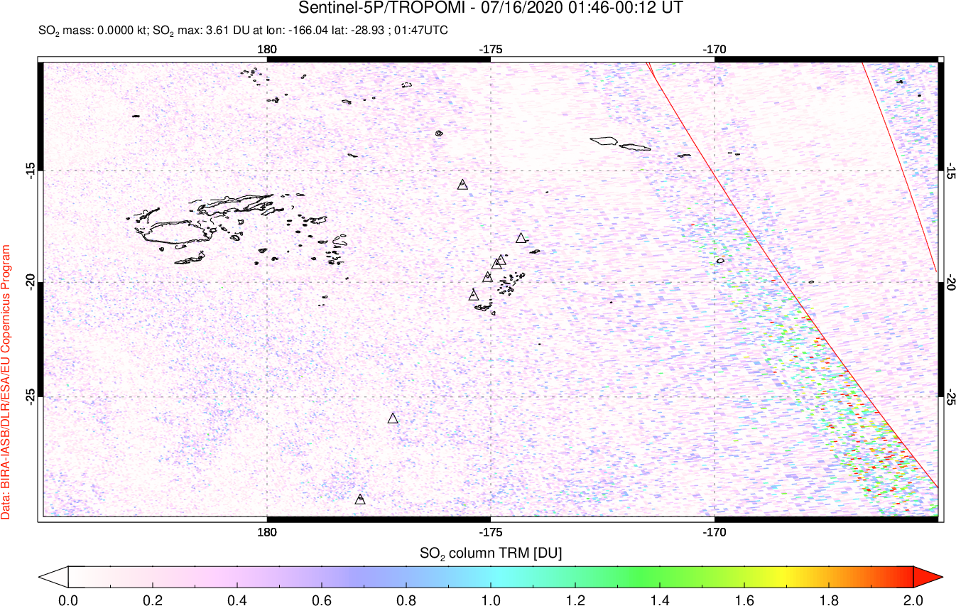 A sulfur dioxide image over Tonga, South Pacific on Jul 16, 2020.