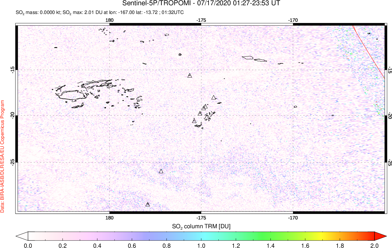 A sulfur dioxide image over Tonga, South Pacific on Jul 17, 2020.