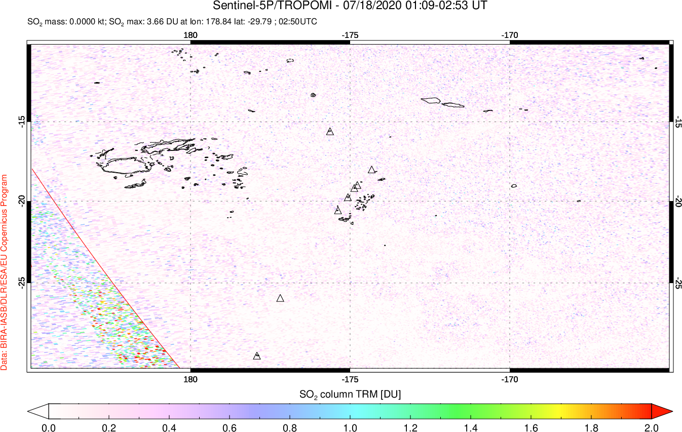 A sulfur dioxide image over Tonga, South Pacific on Jul 18, 2020.