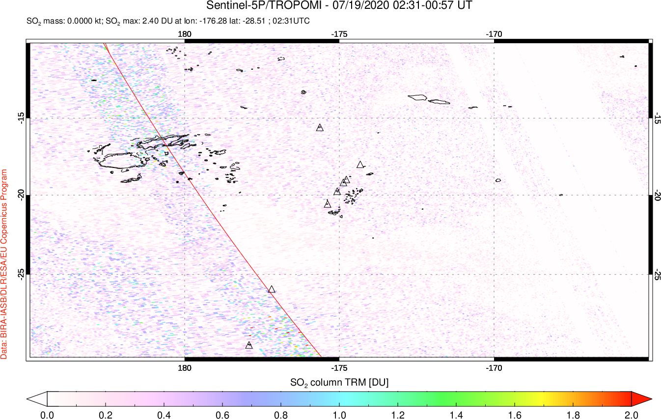 A sulfur dioxide image over Tonga, South Pacific on Jul 19, 2020.