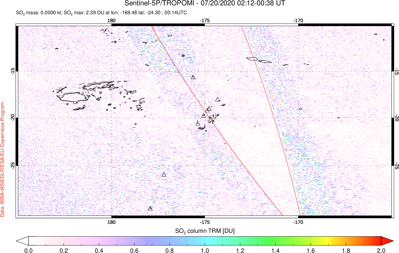 A sulfur dioxide image over Tonga, South Pacific on Jul 20, 2020.