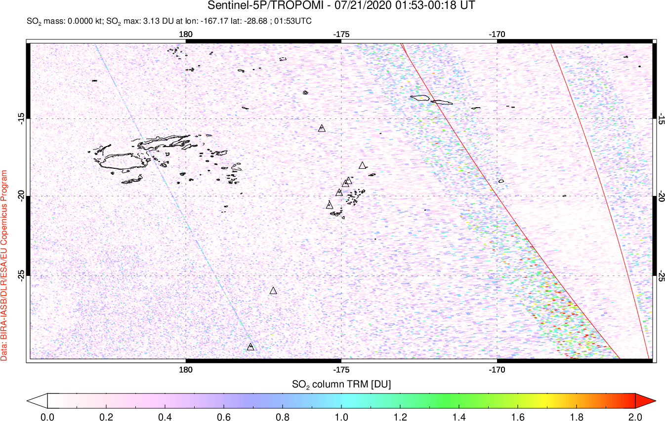 A sulfur dioxide image over Tonga, South Pacific on Jul 21, 2020.