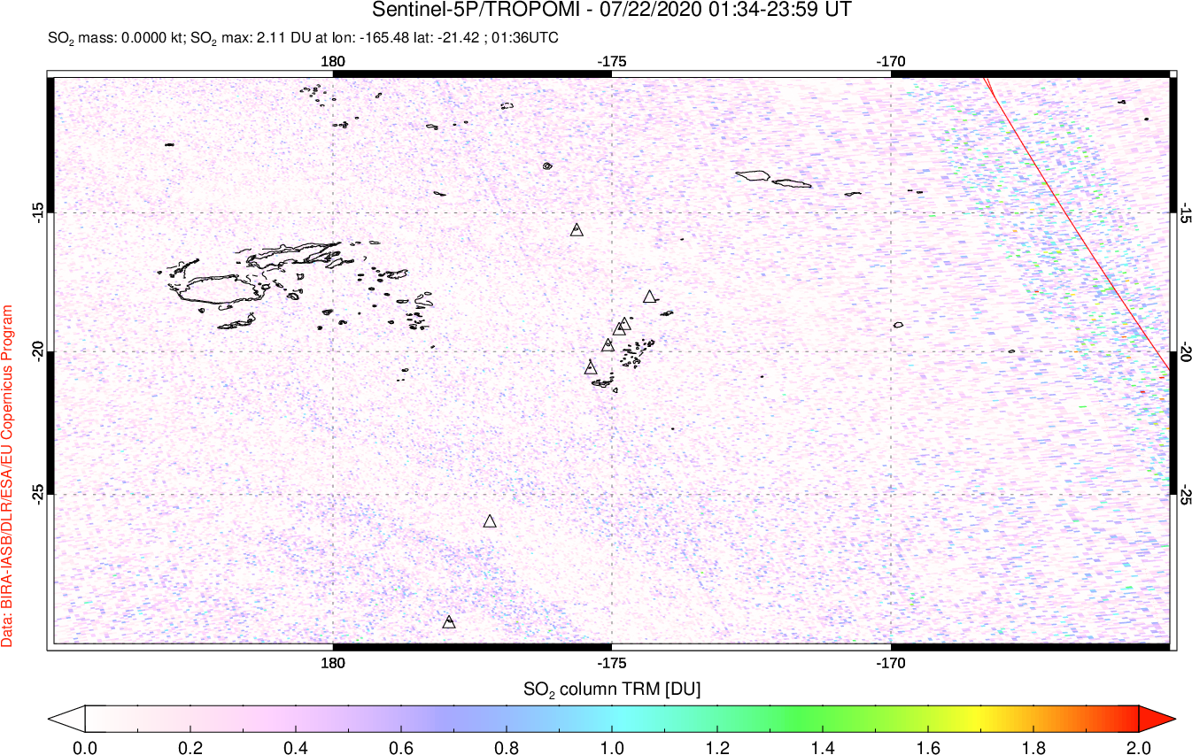 A sulfur dioxide image over Tonga, South Pacific on Jul 22, 2020.