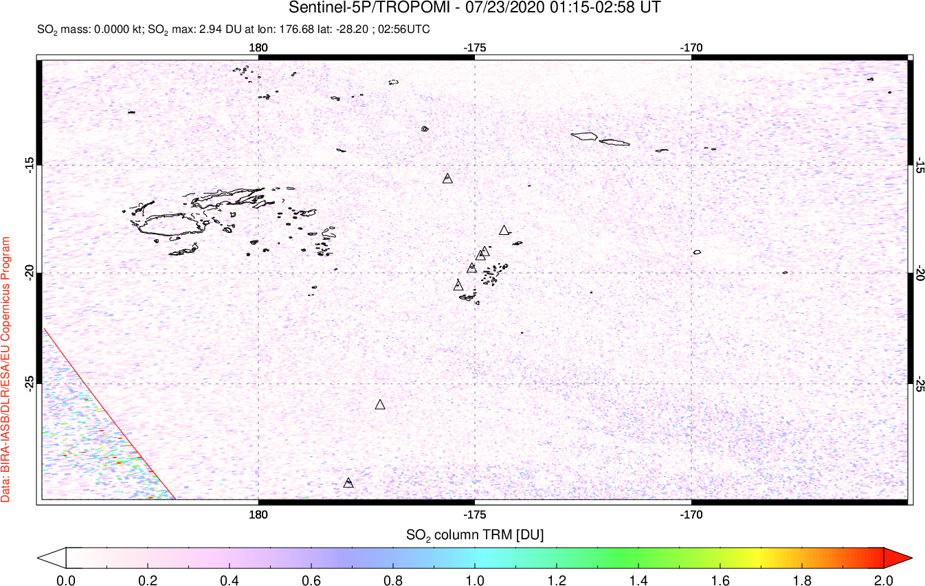 A sulfur dioxide image over Tonga, South Pacific on Jul 23, 2020.