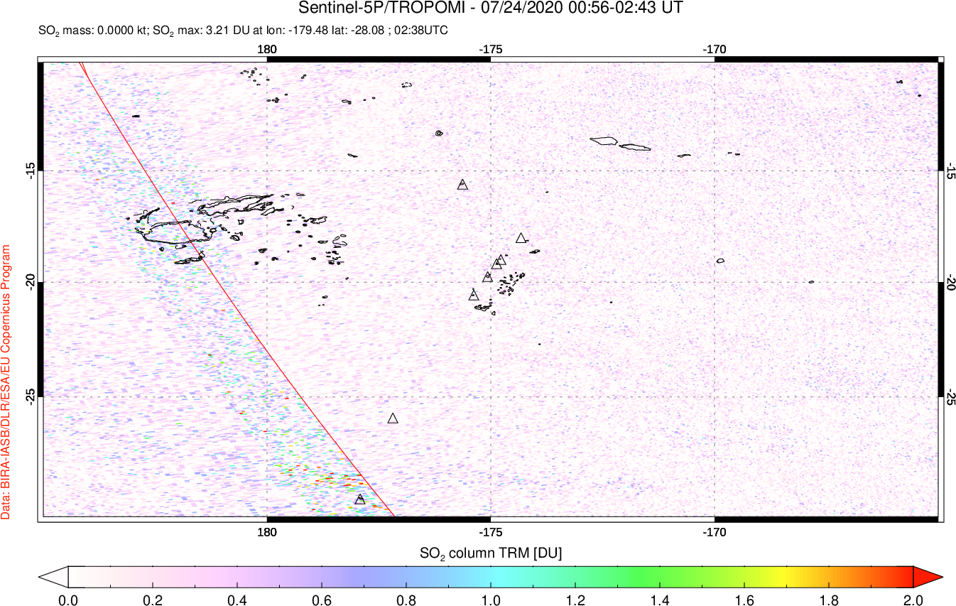 A sulfur dioxide image over Tonga, South Pacific on Jul 24, 2020.