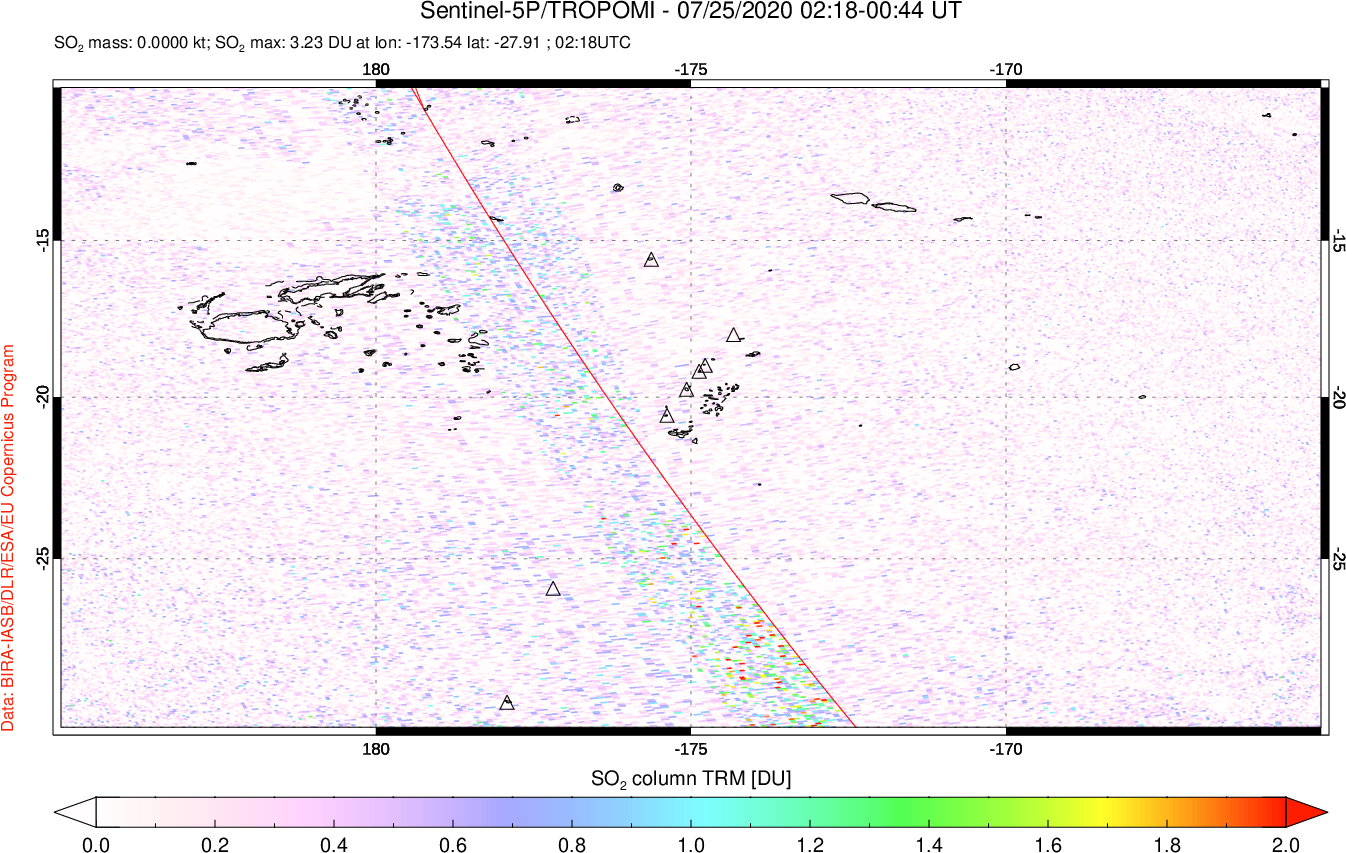 A sulfur dioxide image over Tonga, South Pacific on Jul 25, 2020.