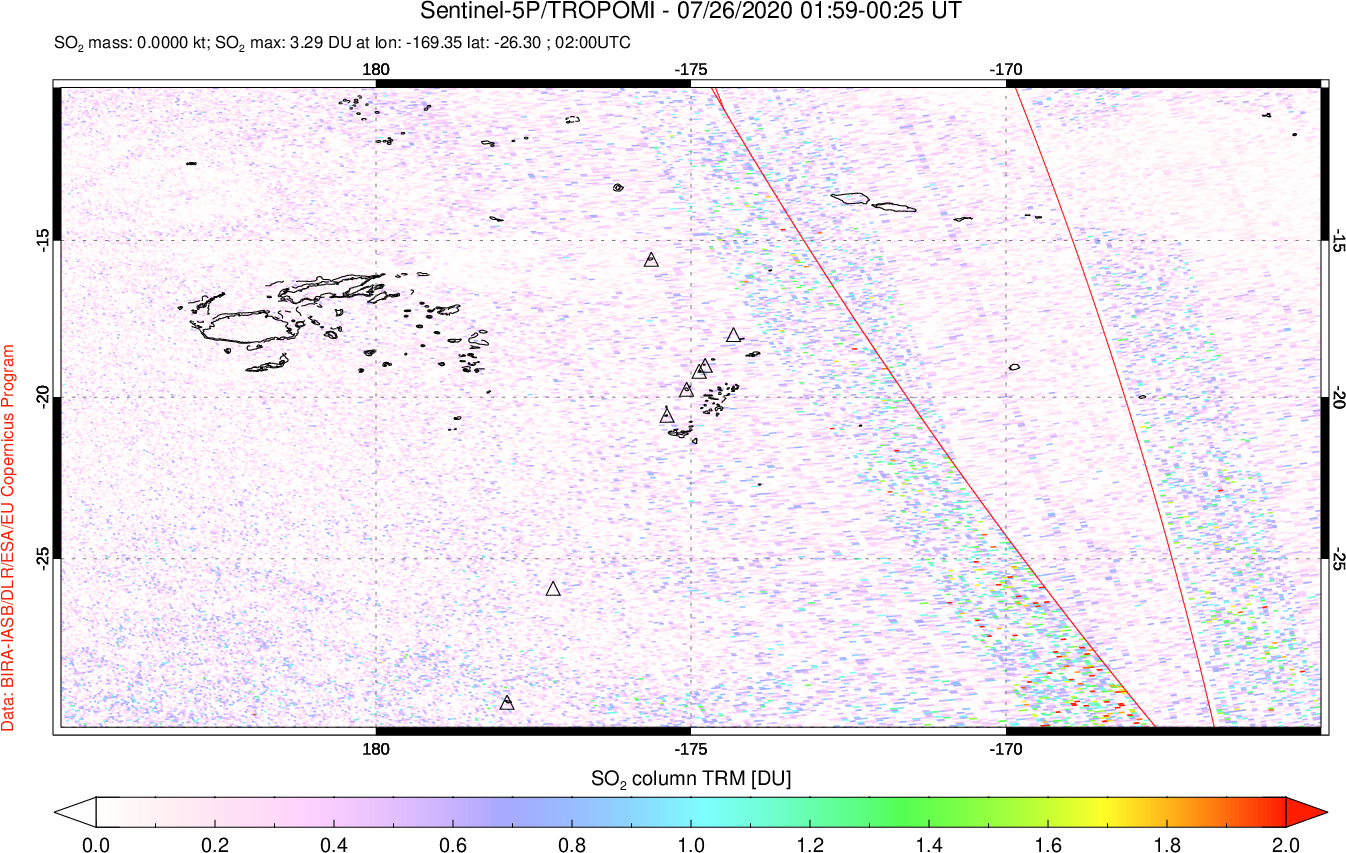 A sulfur dioxide image over Tonga, South Pacific on Jul 26, 2020.