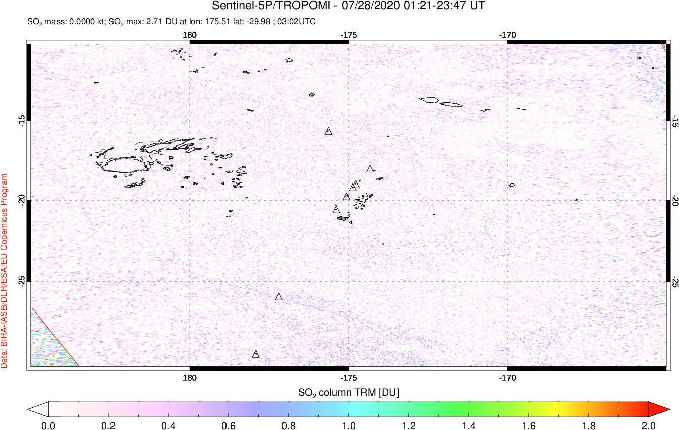 A sulfur dioxide image over Tonga, South Pacific on Jul 28, 2020.