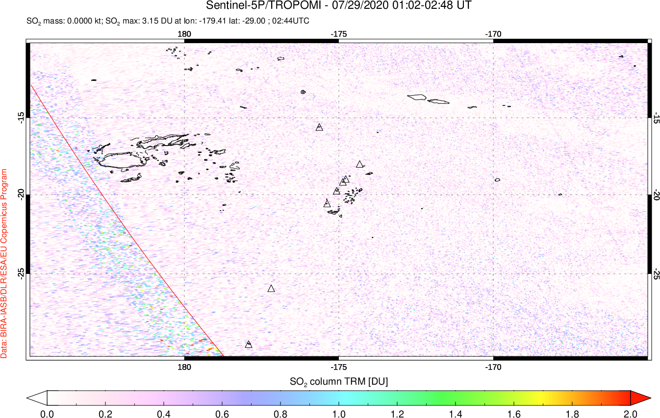 A sulfur dioxide image over Tonga, South Pacific on Jul 29, 2020.