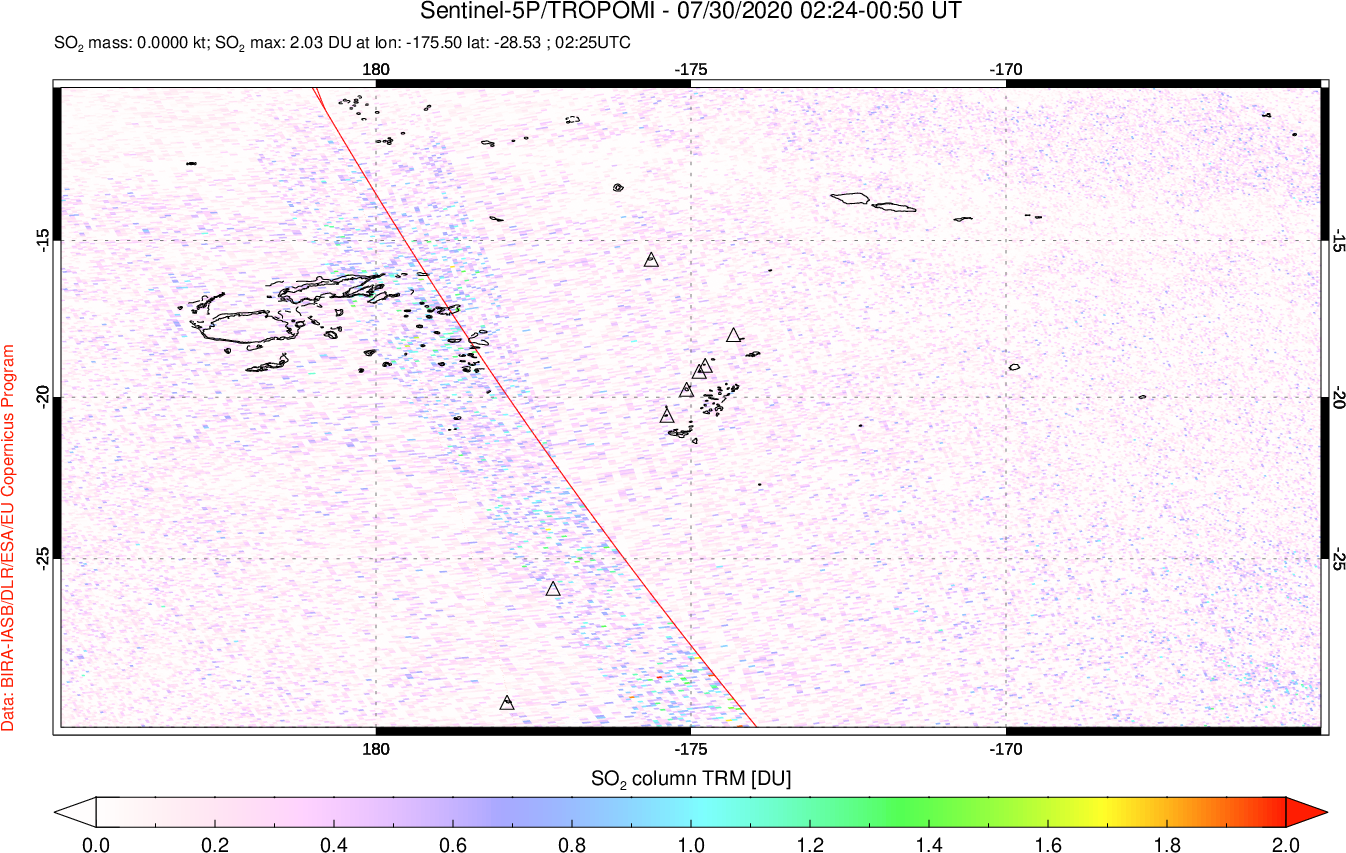 A sulfur dioxide image over Tonga, South Pacific on Jul 30, 2020.