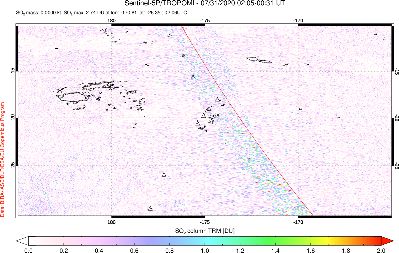 A sulfur dioxide image over Tonga, South Pacific on Jul 31, 2020.