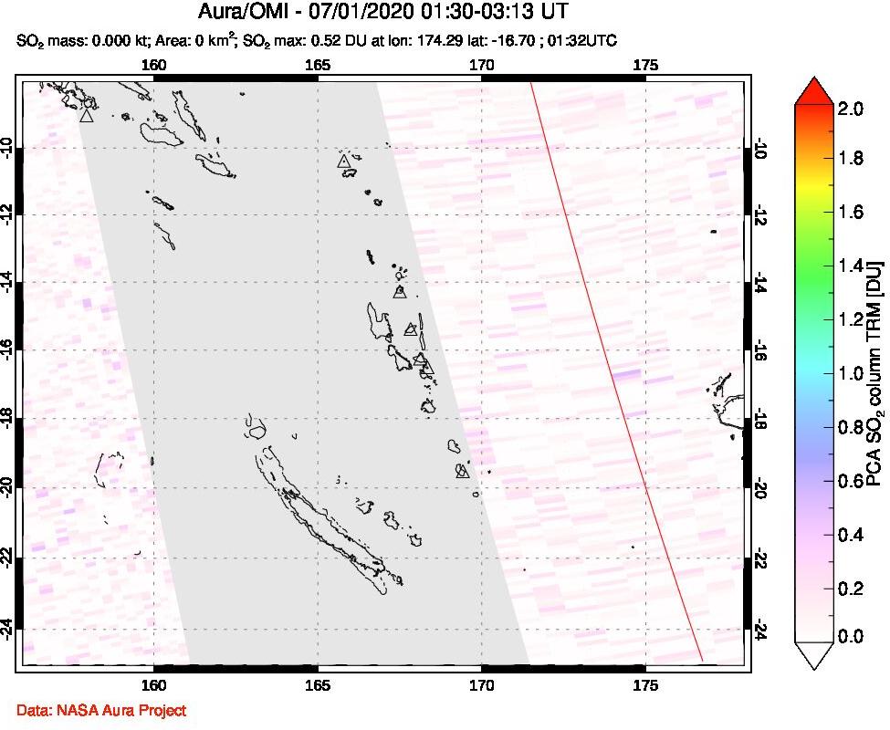 A sulfur dioxide image over Vanuatu, South Pacific on Jul 01, 2020.