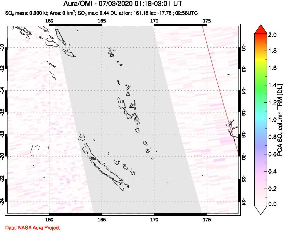 A sulfur dioxide image over Vanuatu, South Pacific on Jul 03, 2020.