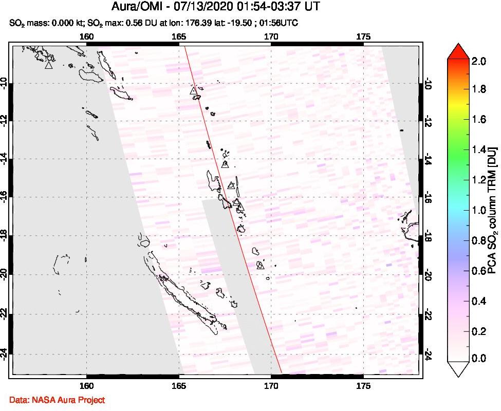 A sulfur dioxide image over Vanuatu, South Pacific on Jul 13, 2020.