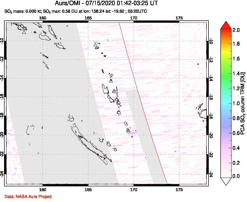 A sulfur dioxide image over Vanuatu, South Pacific on Jul 15, 2020.