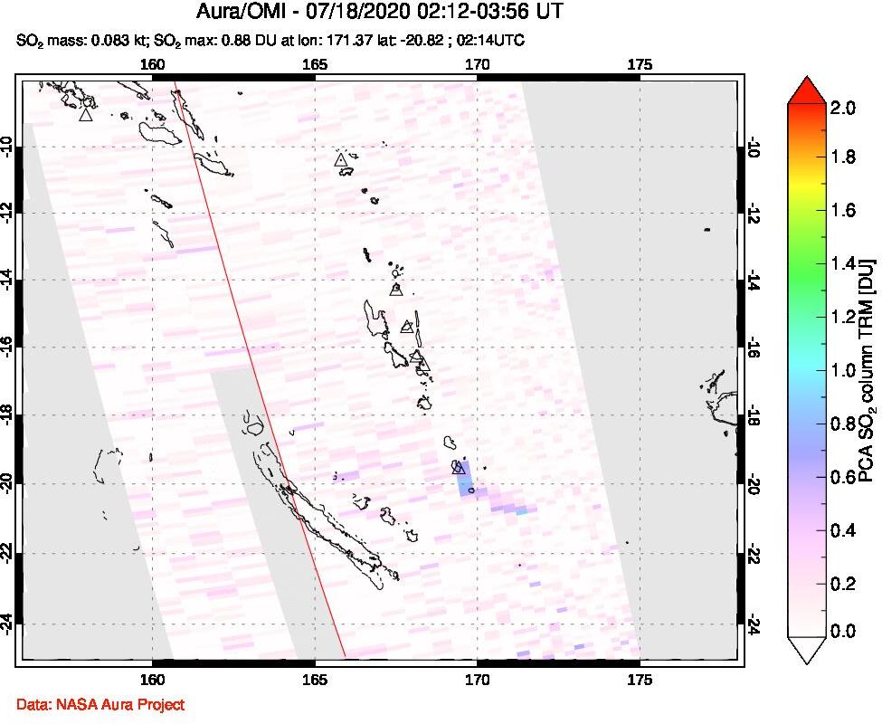 A sulfur dioxide image over Vanuatu, South Pacific on Jul 18, 2020.
