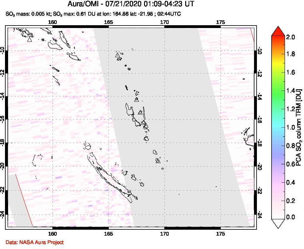A sulfur dioxide image over Vanuatu, South Pacific on Jul 21, 2020.